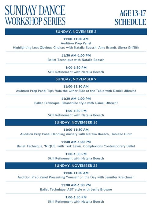 Sunday Dance Workshop Series - with Natalia Boesch - for ages 13 - 17 sched